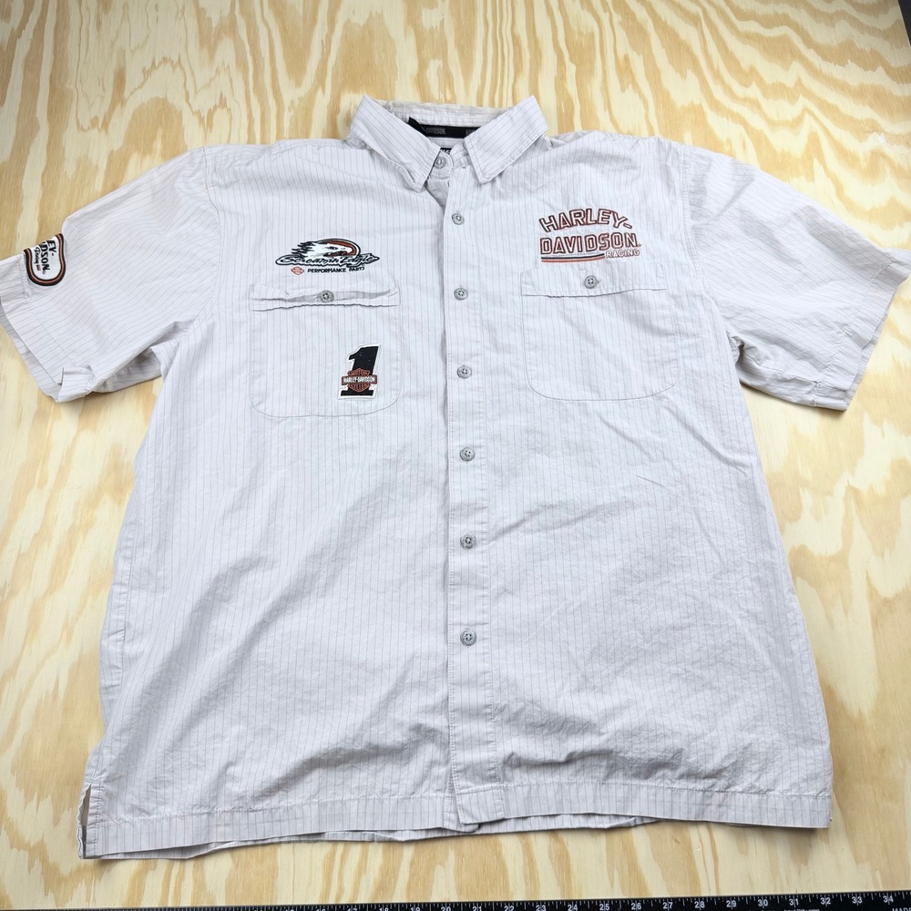Harley-Davidson Racing Pinstripe Button Down Shirt Mens XL Grey Screamin Eagle